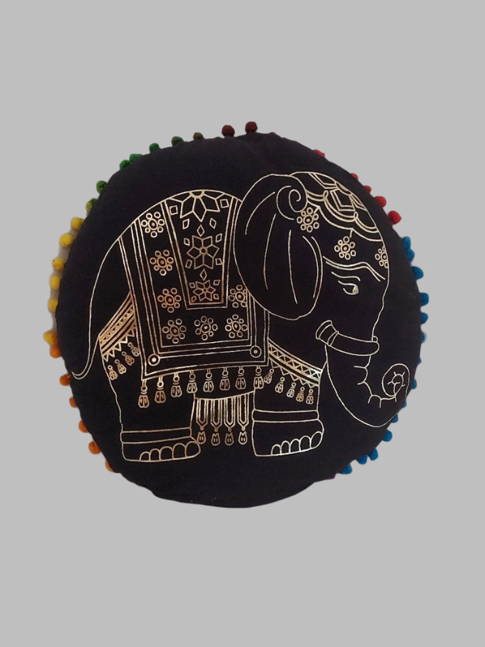 Round Black Gold Elephant Pom Pom Scatter Cushion