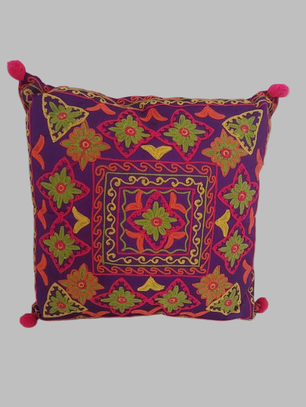 Purple Flower Print Pom Pom Scatter Cushion