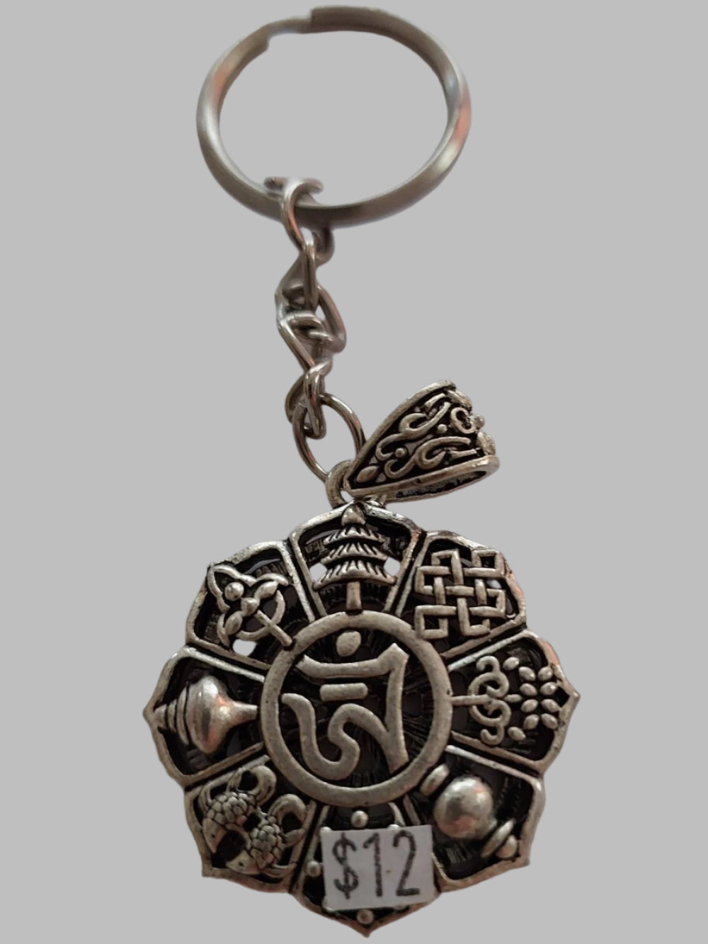 Tibetan Wheel Silver Metal Keyring