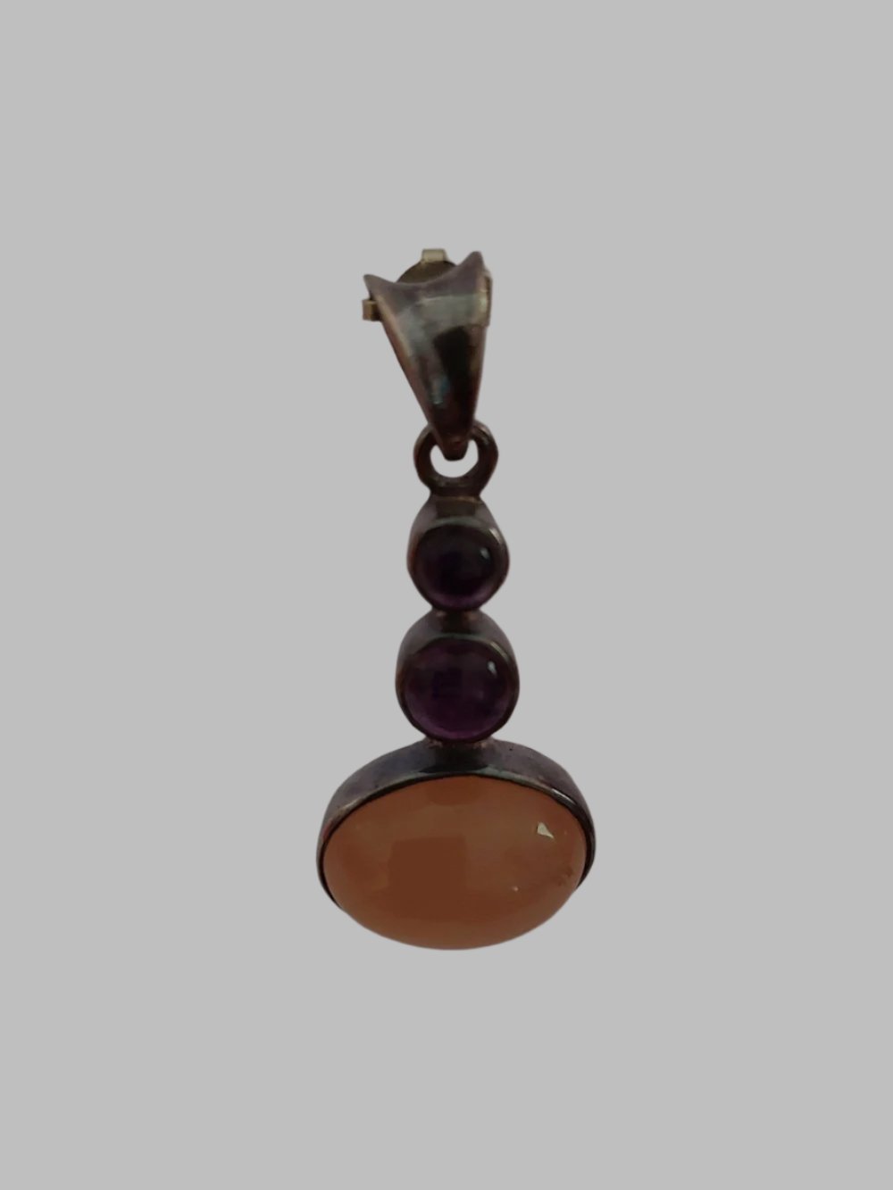 Amethyst & Peach Calcite 3 Stone Crystal Sterling Silver 925 Pendant