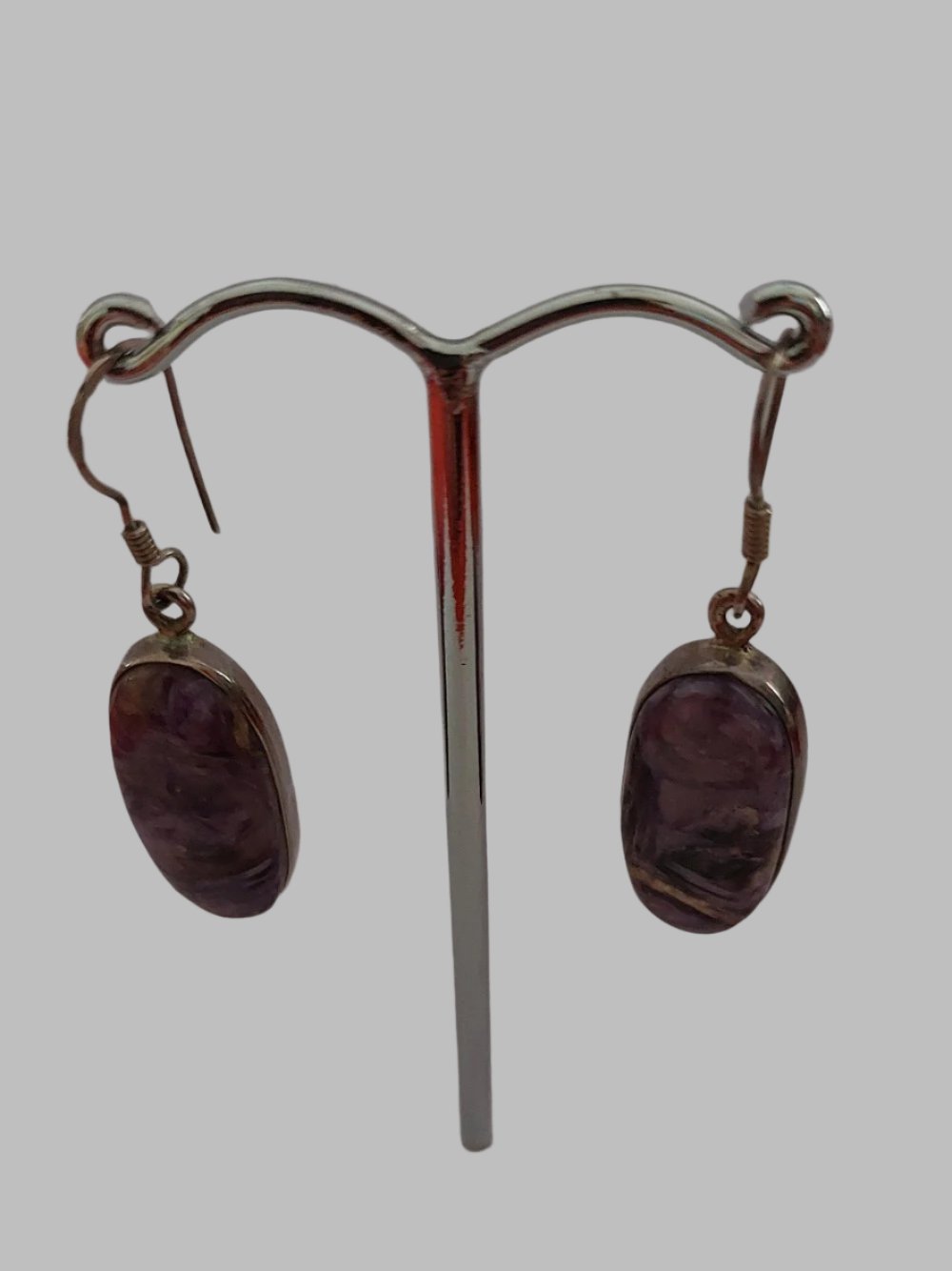 Charoite Crystal Long Oval Sterling Silver 925 Drop Earrings