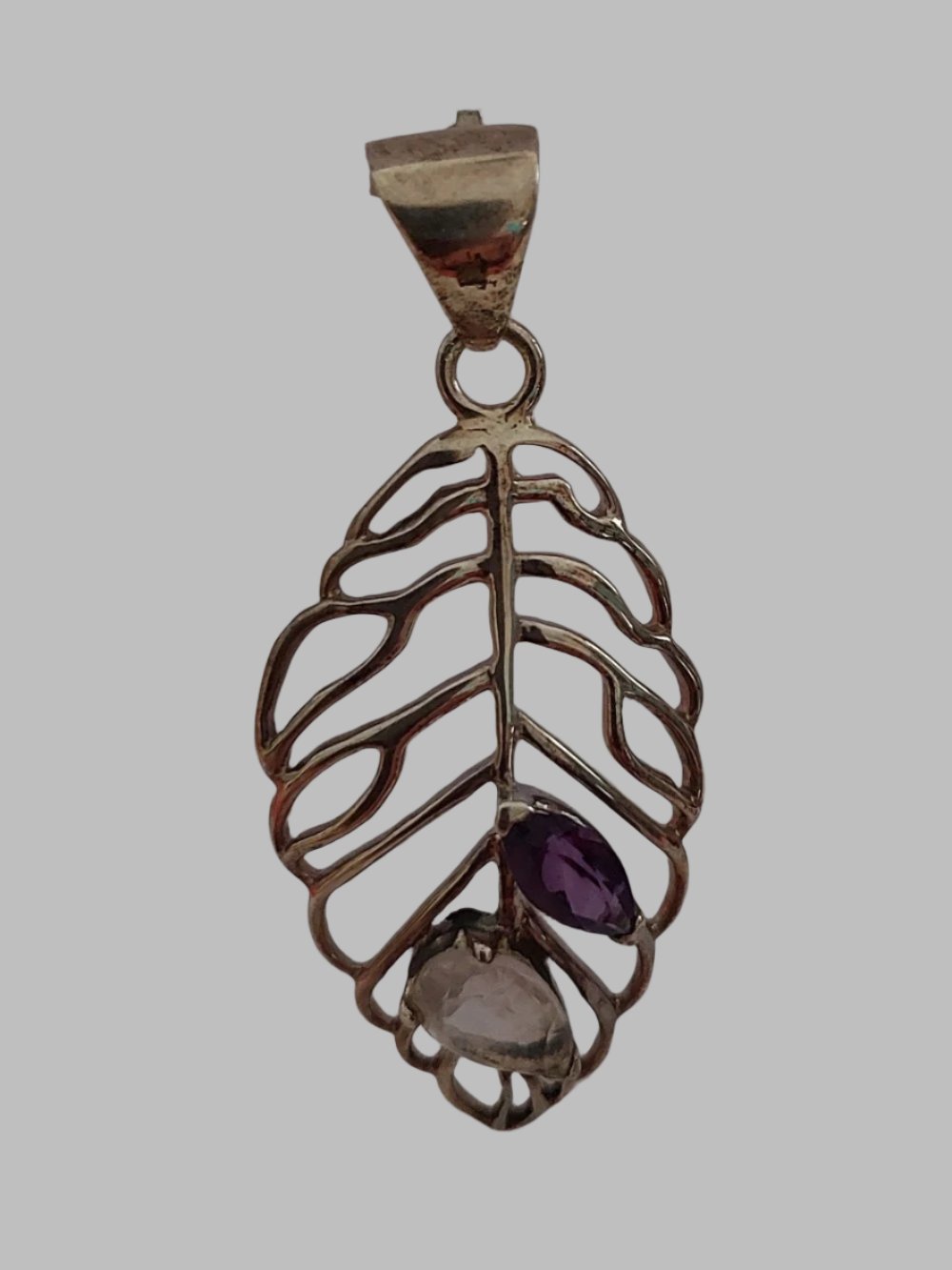 Amethyst & Rose Crystal Quartz Leaf Sterling Silver 925 Pendant