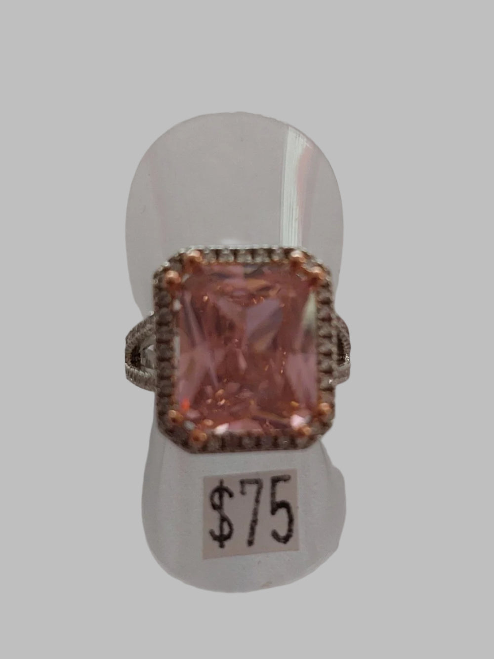 Square Pink Quartz Crystal With Rhinestones Sterling Sliver 925 Ring