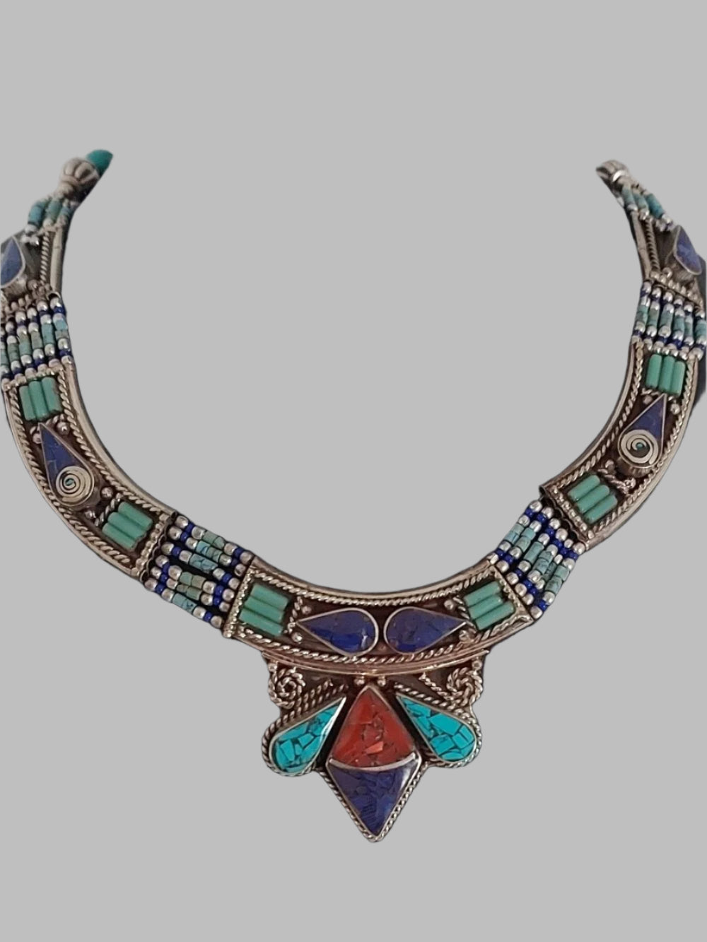 Turquoise, Coral ,Lapis Lazuli Crystal Tibetan Ornate Necklace