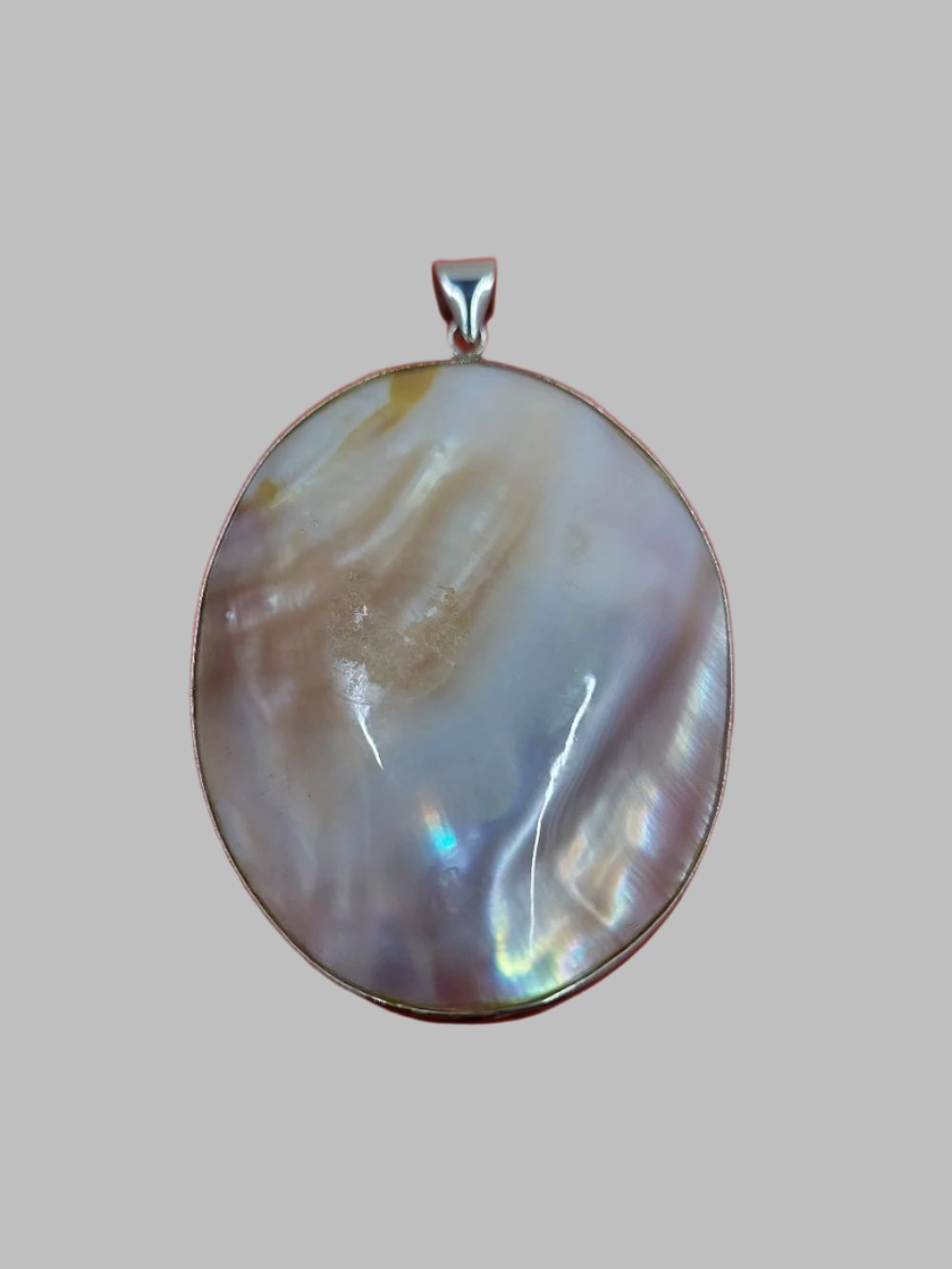 Mother Of Pearl Shell Ovel Large Rhodium Plated Pendant