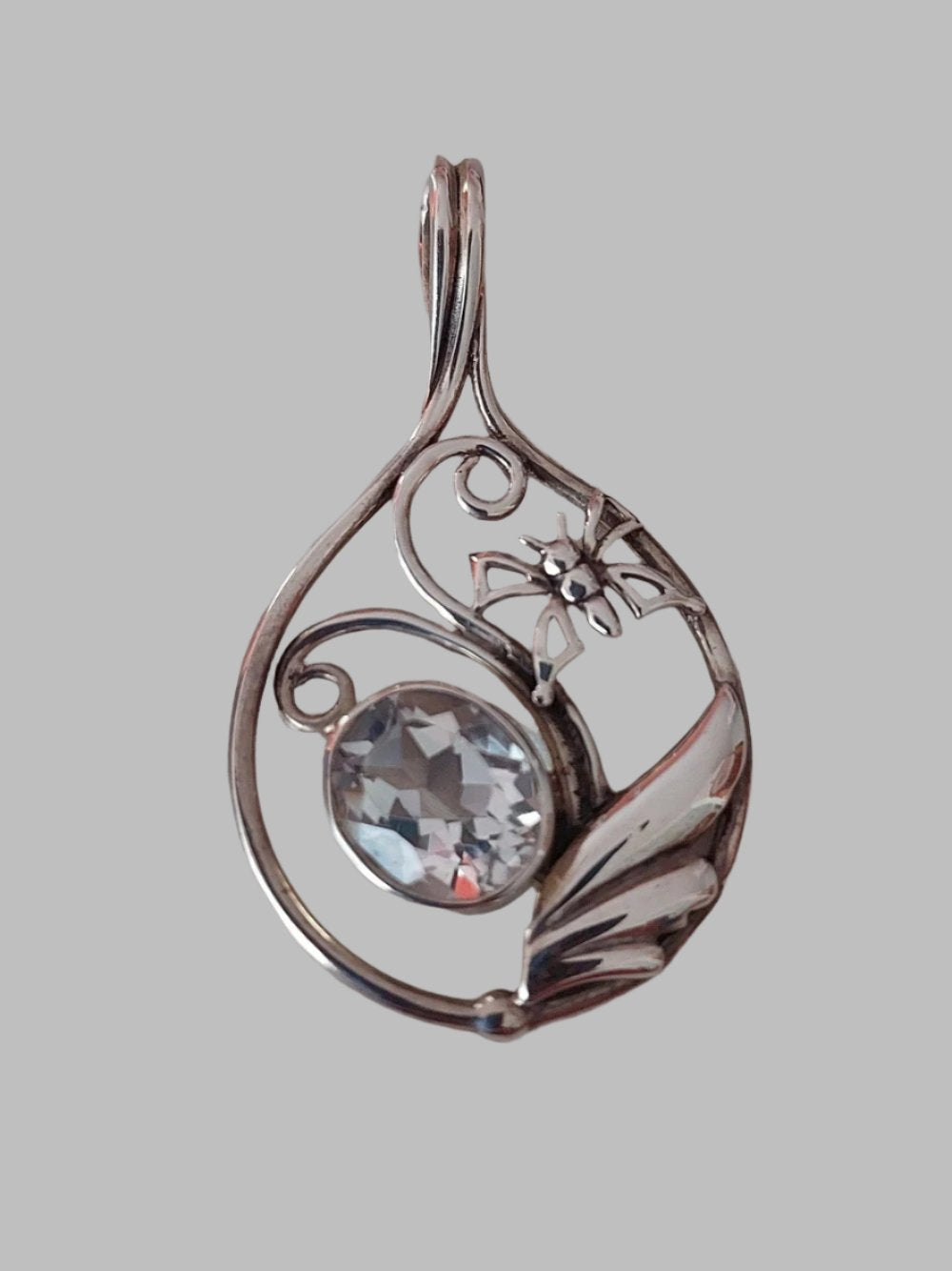 Butterfly Clear Quartz Ovel Faceted Crystal Sterling Silver 925 Pendant
