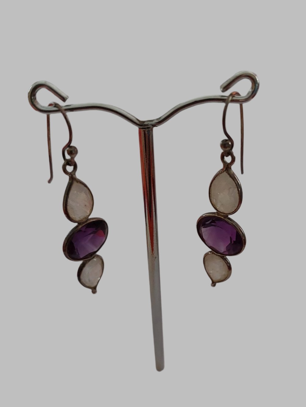 Blue Moonstone & Amethyst Sterling Silver 925 Drop Earrings