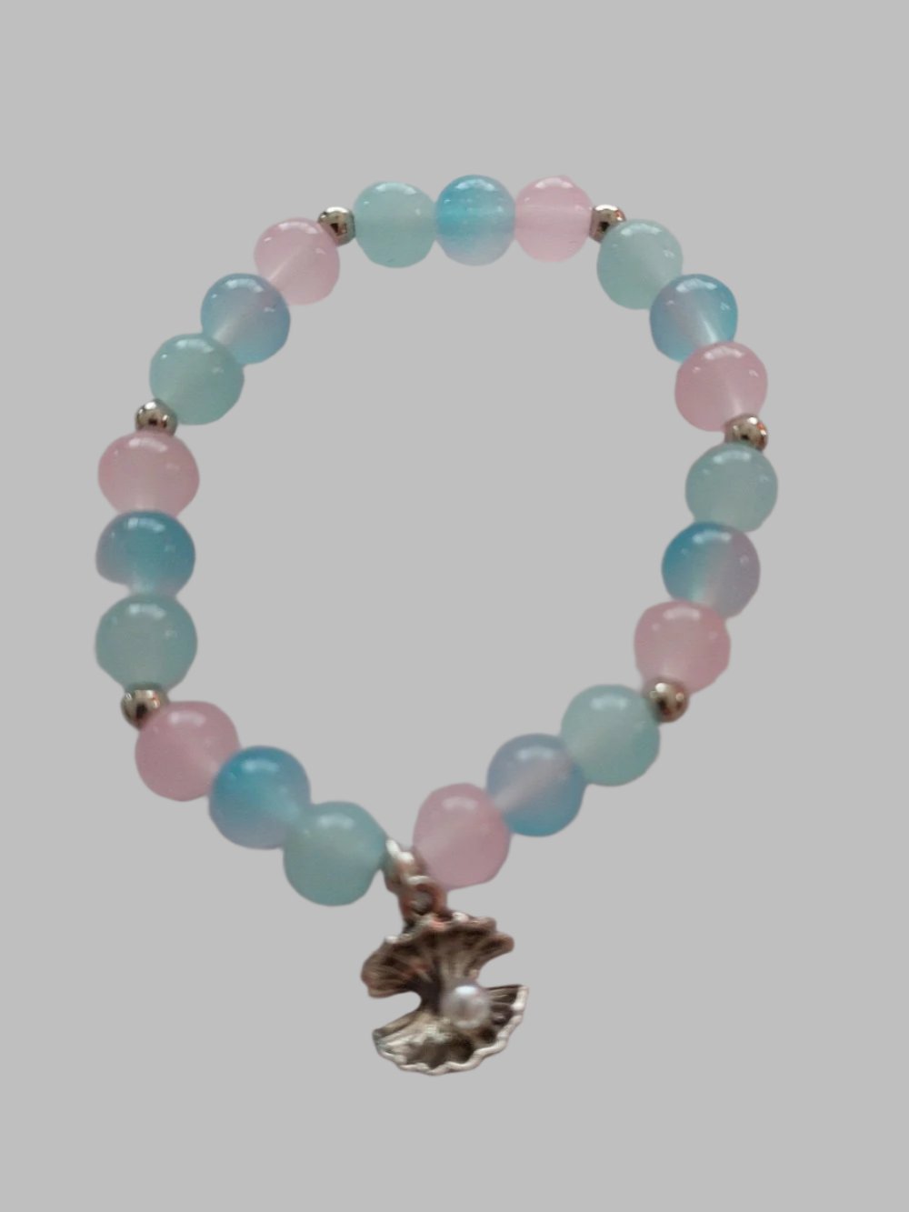 Pink & Blue Agate Bead With Clam Charm Stretch Bracelet