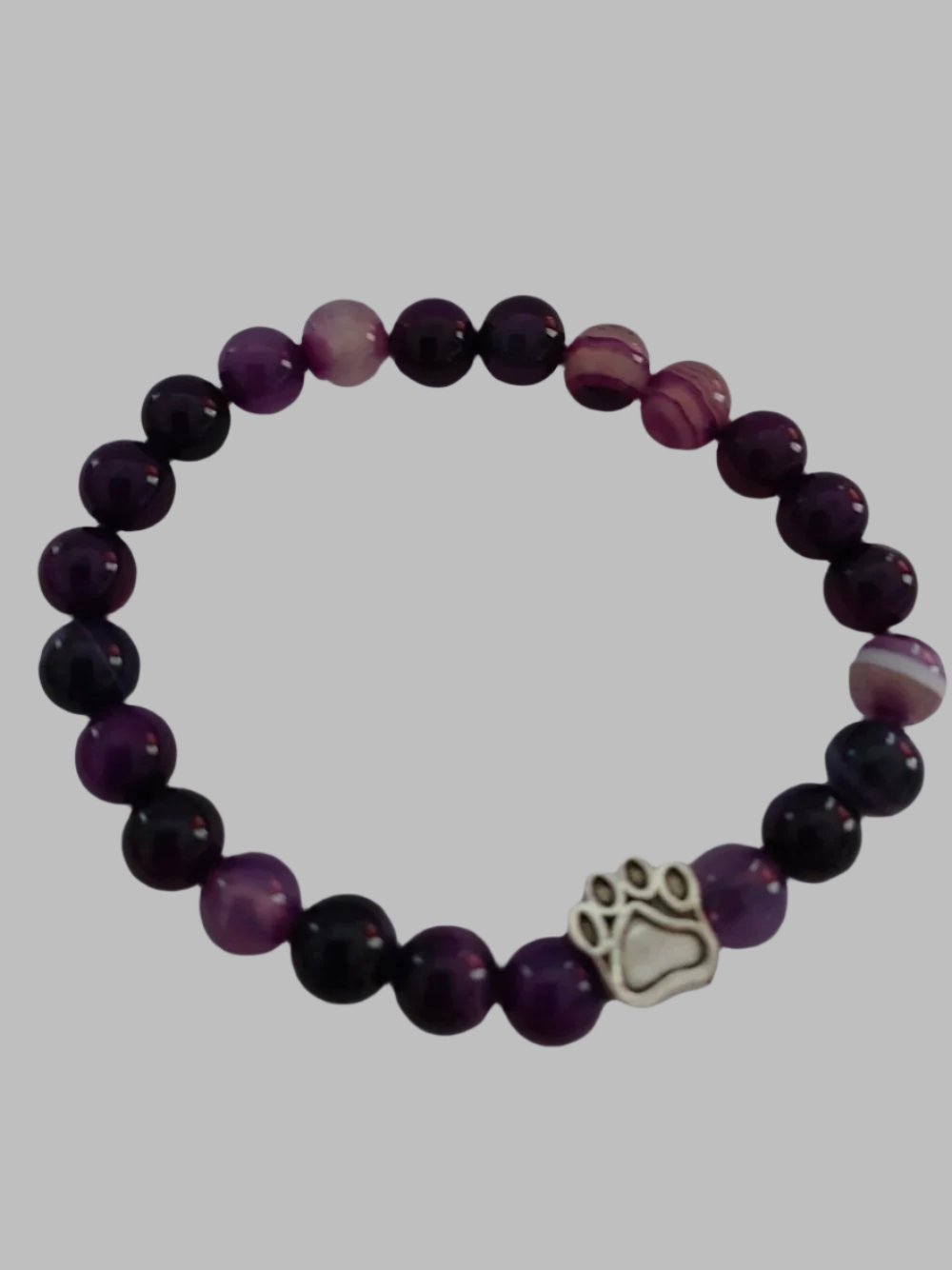 Purple Agate Crystal With Paw Charm Stretch Bracelet