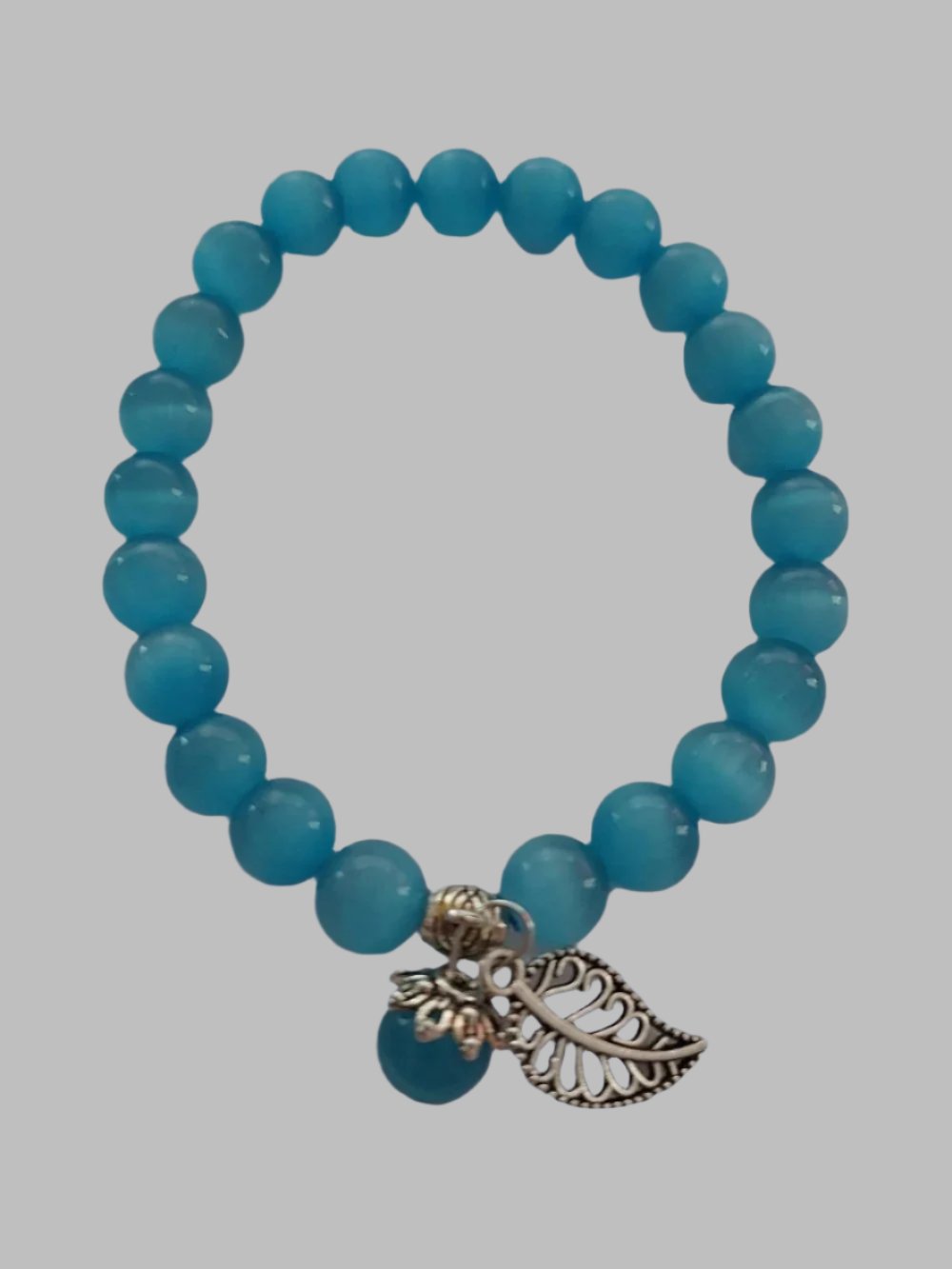 Blue Cats Eye Crystal Bead Stretch With Leaf Charm Bracelet