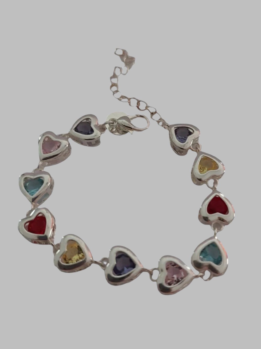 Multi Crystal Heart Sterling Silver 925 Bracelet