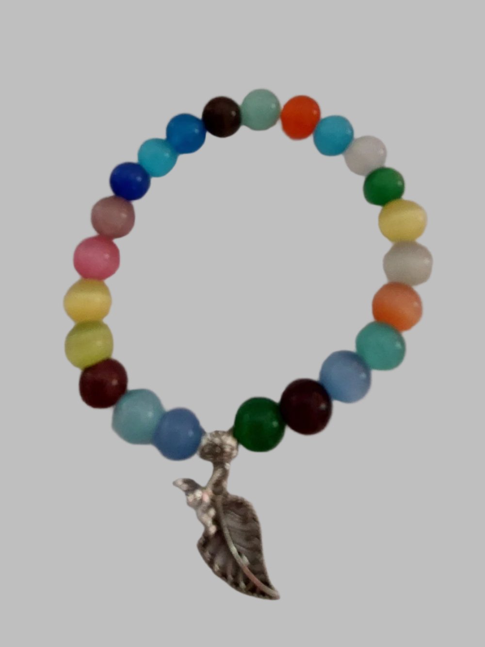 Multi Cats Eye Crystal Bead With Leaf Charm Stretch Bracelet