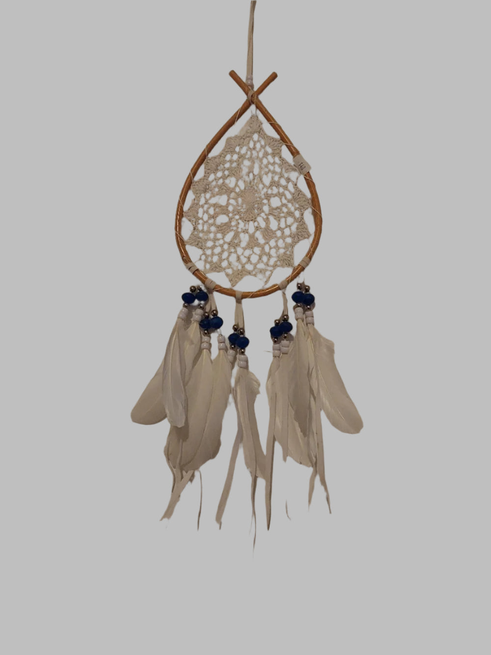 White & Bamboo Blue Beads Crocheted Dreamcatcher