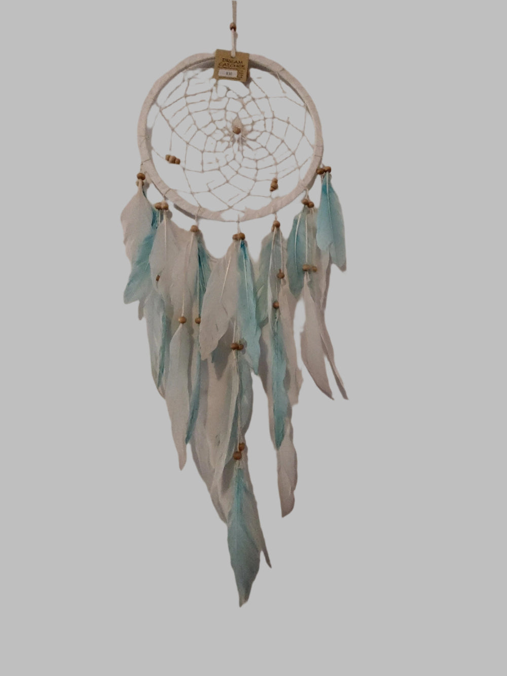 White & Baby Blue Feathers With Timber Beads Dreamcatcher