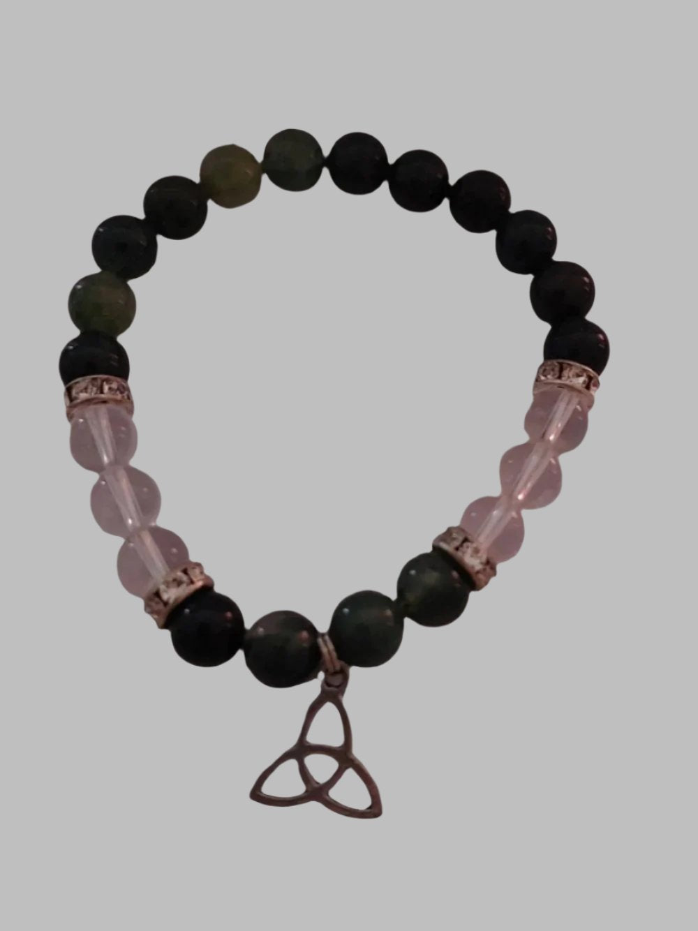 Clear Quartz & Green Agate Crystal With Triquetra Charm Stretch Bracelet