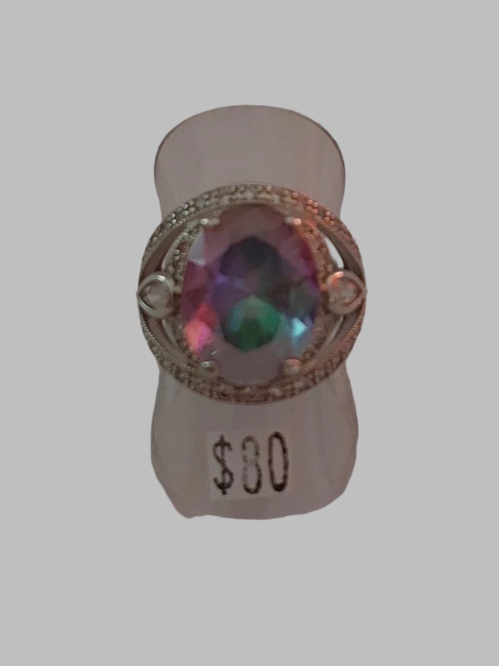 Faceted Mystic Quartz With Side Pear Crystal Silver Plated Ring