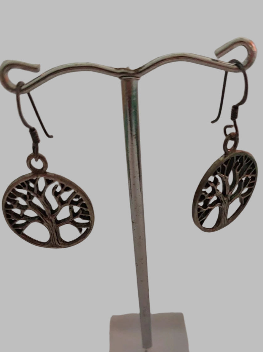 Tree Of Life Round Sterling Silver 925 Drop Earrings