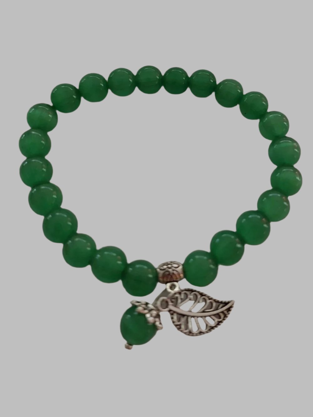 Green Cats Eye Crystal Bead With Leaf Charm Stretch Bracelet