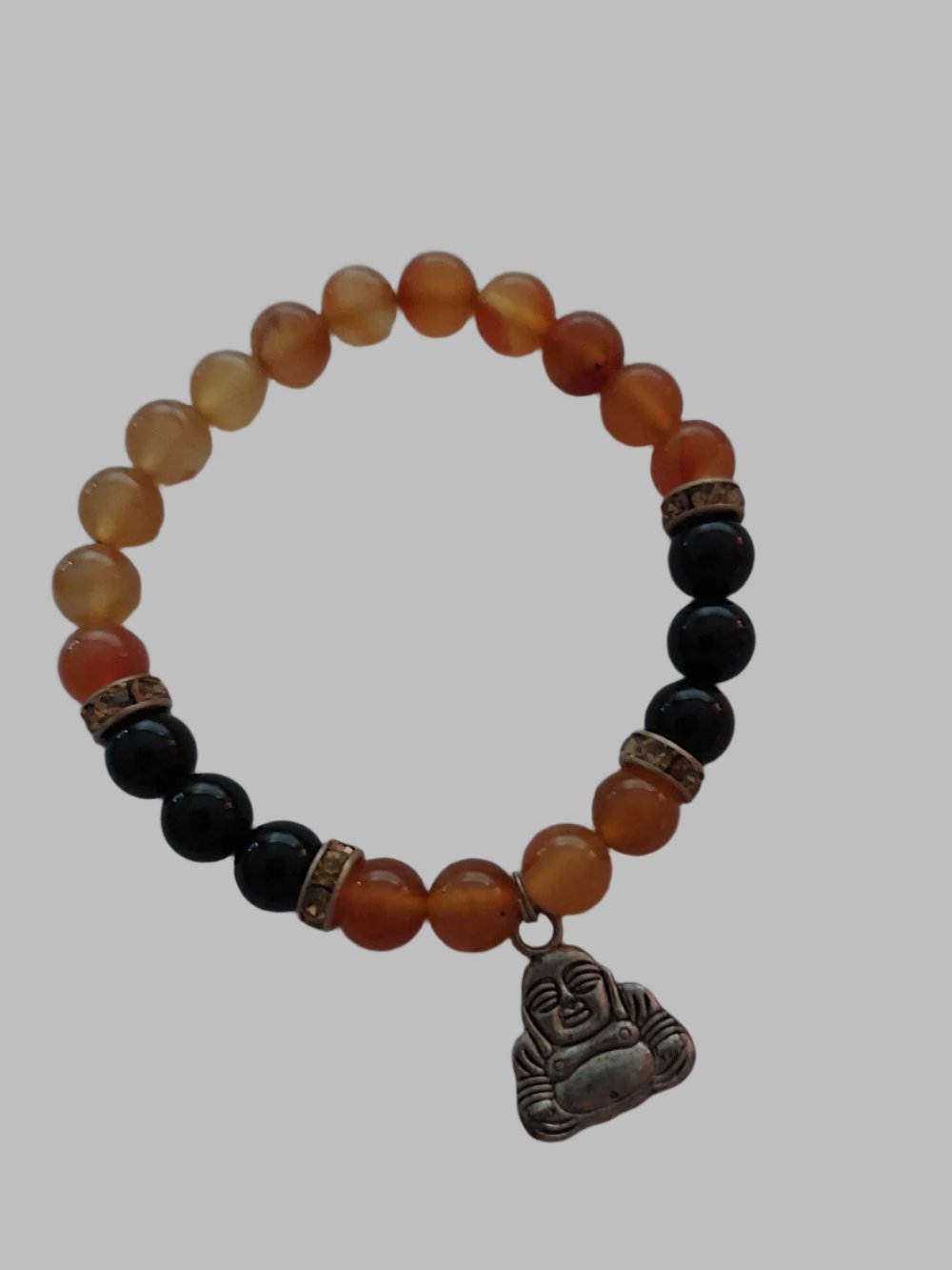 Carnelian & Black Obsidian Crystal Stretch Bracelet With Buddha Silver Metal Charm