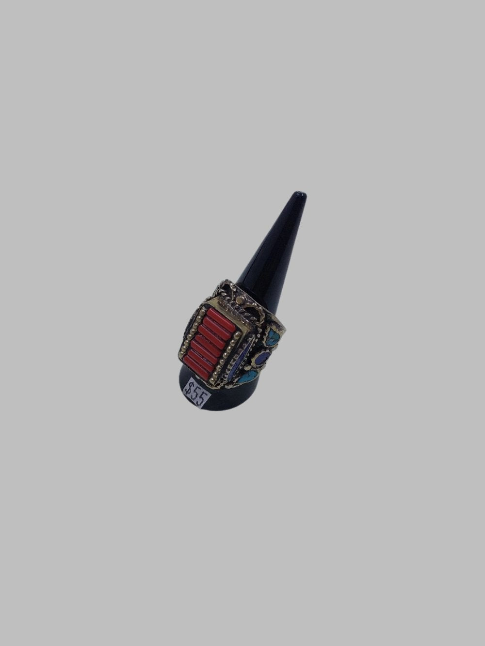 Coral/ Lapis & Turquoise Brass Inlay Tibetan Ring