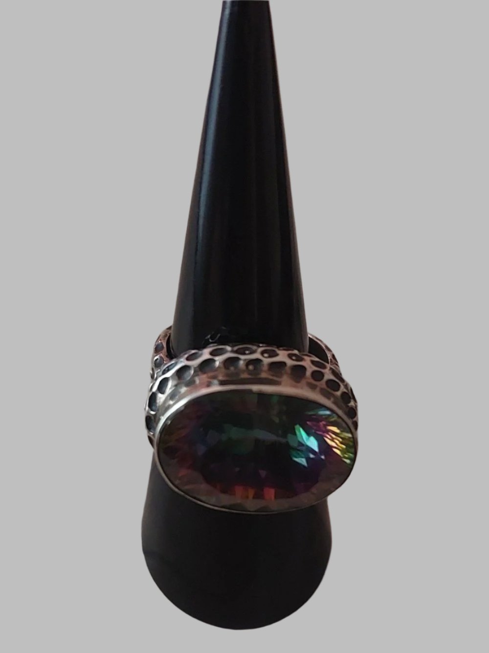 Large Ovel Mystic Quartz Crystal Hammered Sterling Silver 925 Ring