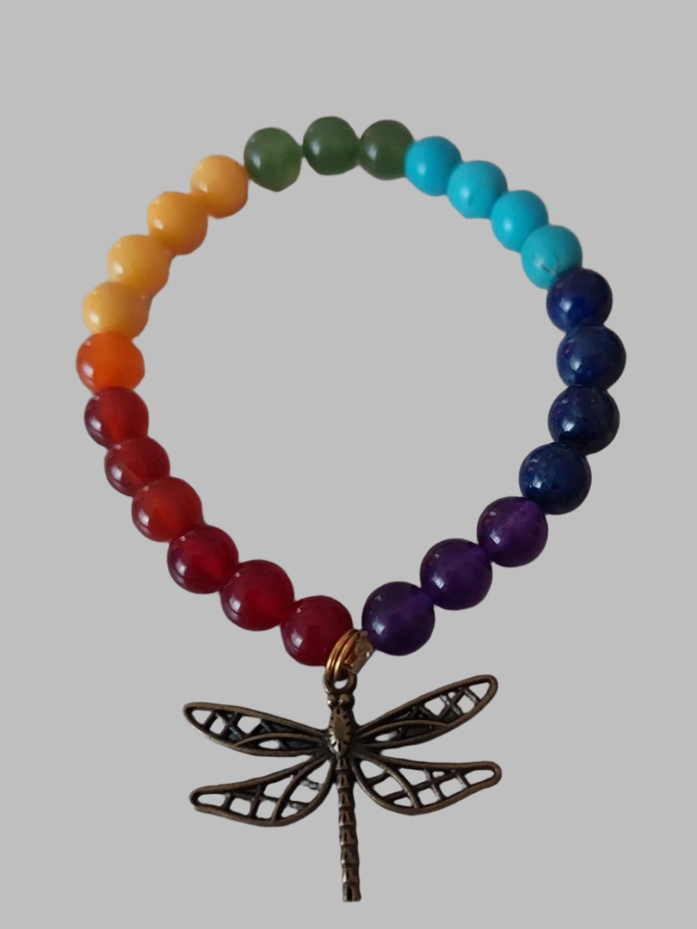 Chakra Crystal Beads With Dragonfly Charm Stretch Bracelet