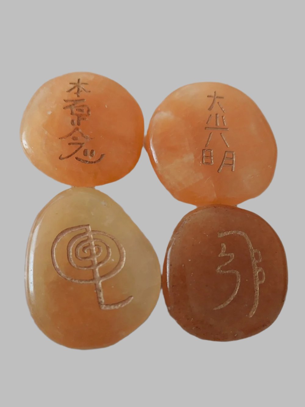 Orange Calcite Reiki Symbol Polished Crystal Set of 4 Flat Stones